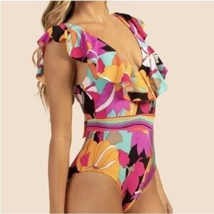 Trina Turk Gemini Ruffle V Neck Tie Back Maillot‎ One Piece Swimsuit